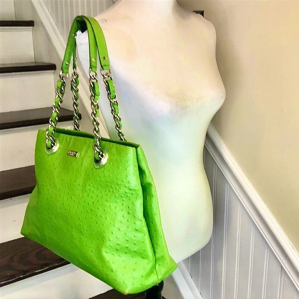 KATE SPADE Lime Green Embossed Ostrich Leather Oversized Tote w Silver Hardware
